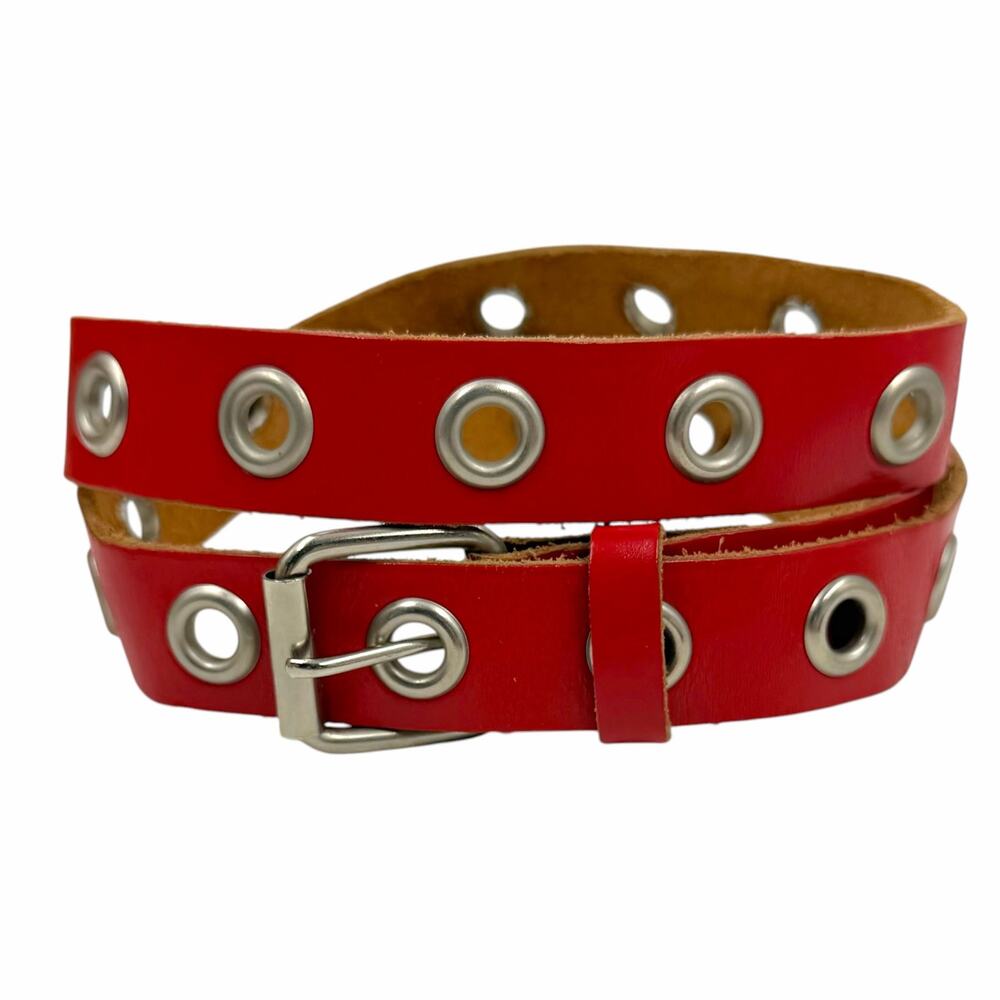 Vtg 80s 90s Red Leather Grommet Skinny Belt Silver Eyelet Punk Rocker Grunge M L